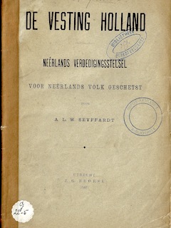 Titelblad van 'De Vesting Holland, Neêrlands Verdedigingsstelsel voor Neêrlands volk geschetst' uit 1887.